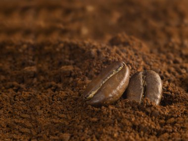 Kahverengi kahve çekirdekleri, koyu arkaplanda tohum. Koyu espresso, aroma, siyah kafein içeceği. Yakın çekim enerji mocha, cappuccino malzemesi.