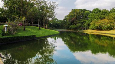 Tayland 'ın başkenti Bangkok' taki Lumpini Park 'ın göl manzarası. Lumpini Parkı