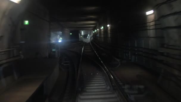 Treno della metropolitana in movimento in galleria e in arrivo alla stazione — Video Stock