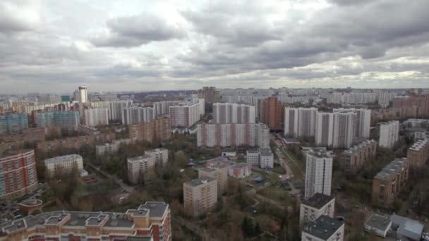 Aerial view of one of the districts of Moscow, cloudy weather. Urban cityscape from quadrocopter — Stock Video