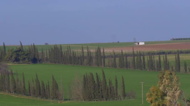 Nea Kallikrateia 乡村景观的全景镜头。村庄，农田，农村房屋 — 图库视频影像