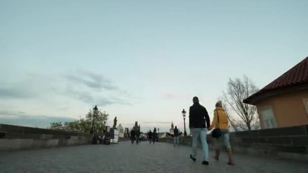 Hiperlapso de caminhada na antiga Ponte Carlos em Praga — Vídeo de Stock