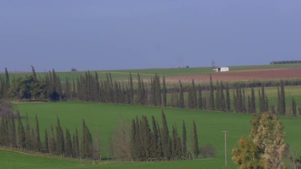 Panoramische opname van rurale landschap in Nea Kallikratia. Dorp, agrarische velden, platteland huizen — Stockvideo