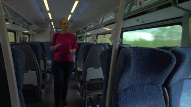 Mujer tomando su asiento en el tren — Vídeos de Stock