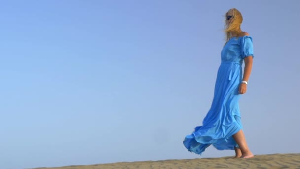 Vista al rallentatore della giovane donna bionda in piedi contro il cielo blu in abito lungo blu e sta svolazzando sul vento — Video Stock