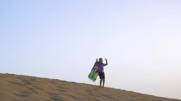 Gelukkige jongen met de vlag van Brazilië op het strand — Stockvideo