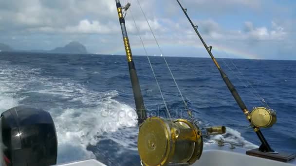 Fishing rods on sailing motor boat — Stock Video