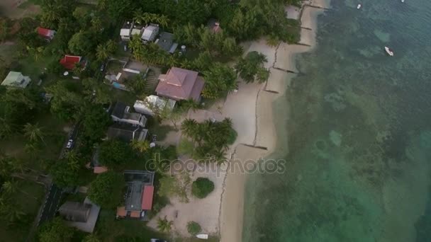 Aerial bird eye view of coast with sand beach and transparent water of Indian Ocean, Mauriticus Island — Stock Video