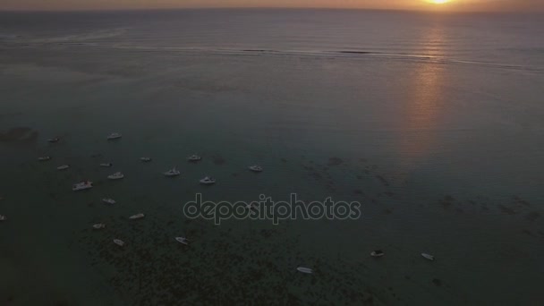 Aerial view of yachts at anchor and ocean at sunset — Stock Video