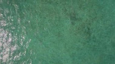 Okyanus mavisi su dalgalar, mercan ve su bitkileri, Mauritius Adası ile havadan görünümü