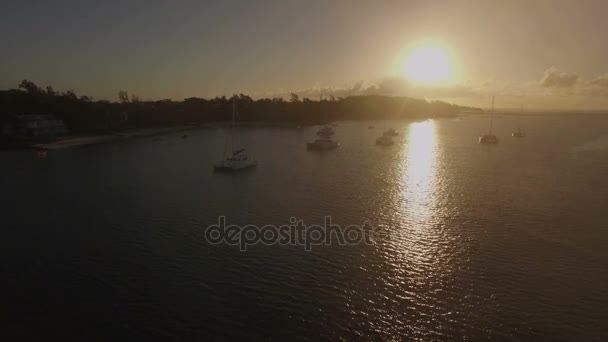 Flygfoto över yachter bay på Mauritius i solnedgången — Stockvideo