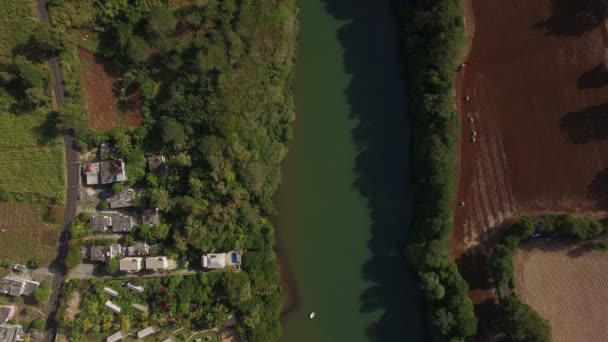 Vue aérienne de la rivière, de la ville et des terres agricoles à Maurice — Video