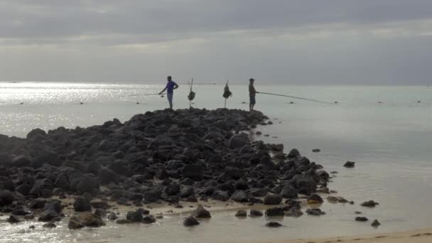 İki adam sahilde Balık tutma — Stok video