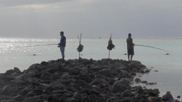 在印度洋的背景下，毛里求斯路易港岛捕鱼的渔民的视图 — 图库视频影像