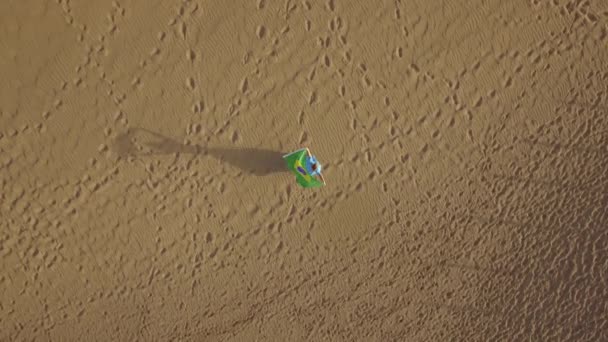 Vrouw op het zand met Braziliaanse vlag, vanuit de lucht geschoten — Stockvideo