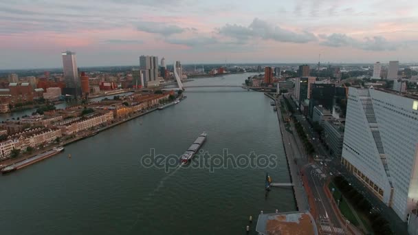 Flygfoto stad utsikt över Rotterdam med floden — Stockvideo