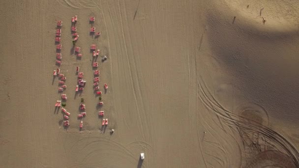 Aerial view of beach and empty chaise longues — Stock Video