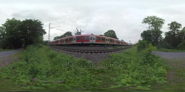 360 VR Two trains and empty road in the countryside of Frankfurt, Germany — Stock Video