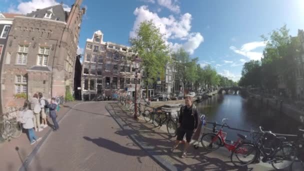 360 degrees view of Amsterdam with Armbrug and canal, Netherlands — стоковое видео