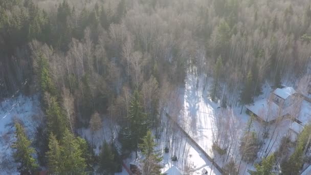 Winterszene von ländlichen Häusern in der Nähe des Waldes, Antenne — Stockvideo