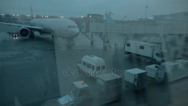 Zona aeropuerto con embarque en avión y entrega de carga. Vista nocturna — Vídeos de Stock