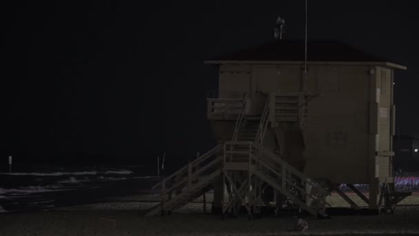 Башта рятувальників з блимаючим світлом на пляжі вночі — стокове відео