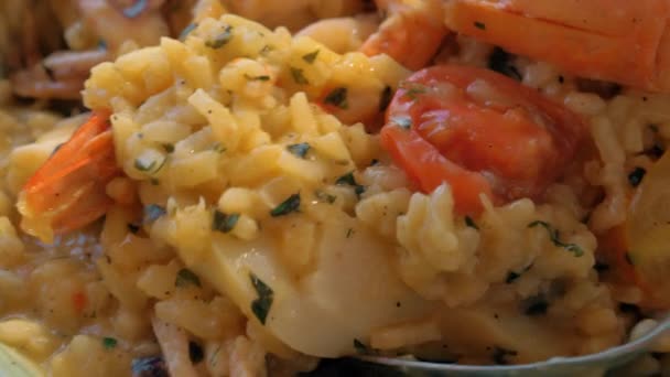 Calamares y camarones risotto plato — Vídeo de stock