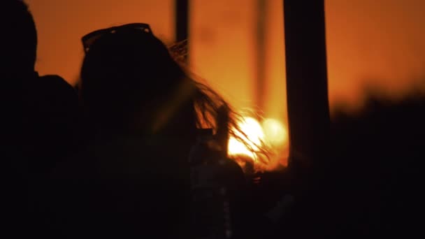 Γυναίκα Σκιαγραφία ενάντια χρυσή σκηνή ηλιοβασίλεμα, καλοκαίρι — Αρχείο Βίντεο
