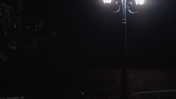 Lonely kid sitting on the bench outdoor at night — Stock Video