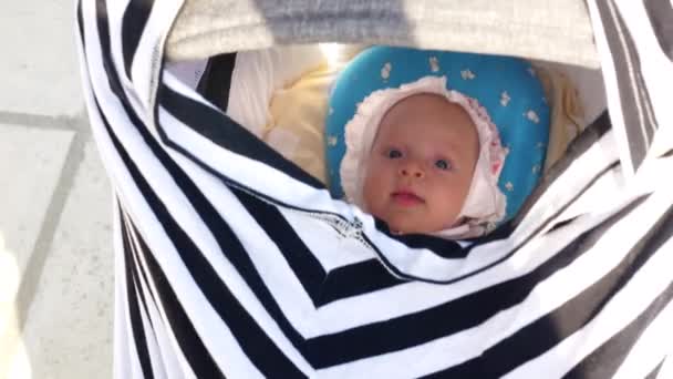 Lulling baby flicka i barnvagn — Stockvideo