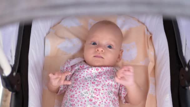 Meisje van de baby van drie maanden liggen in kinderwagen — Stockvideo