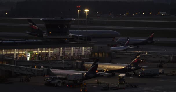 Nachtaufnahme des Flughafens Scheremetjewo mit Aeroflot-Flugzeugen — Stockvideo