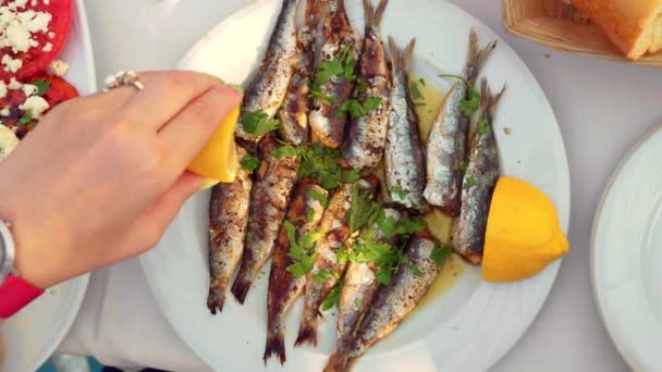 Comer apetecível prato de sardinhas servido com salsa e limão — Vídeo de Stock