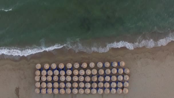 Camas de sol vazias à beira-mar, aéreas — Vídeo de Stock