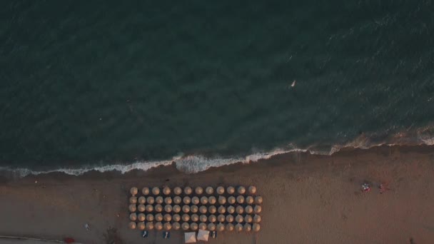 Κεραία βολή της γαλάζιας θάλασσας και ξαπλώστρες κάτω από μια ομπρέλα στην παραλία — Αρχείο Βίντεο