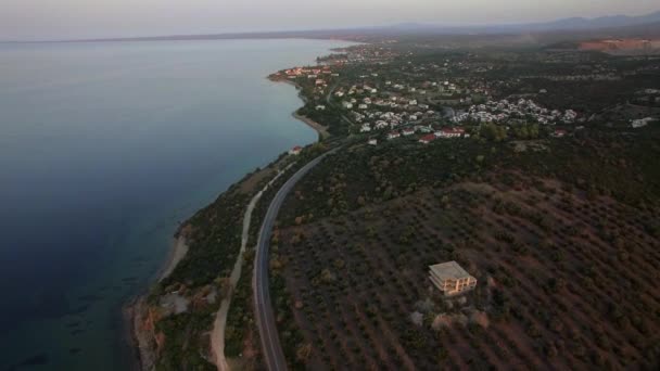 海とプール/ビーチ パラソル、ギリシャの海岸線上空 — ストック動画