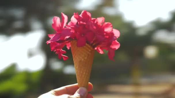 Man with waffle cone flower bouquet spinning around — Stock Video