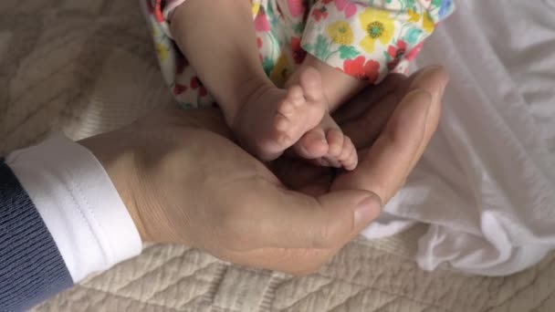Bebé pies en papá mano — Vídeo de stock