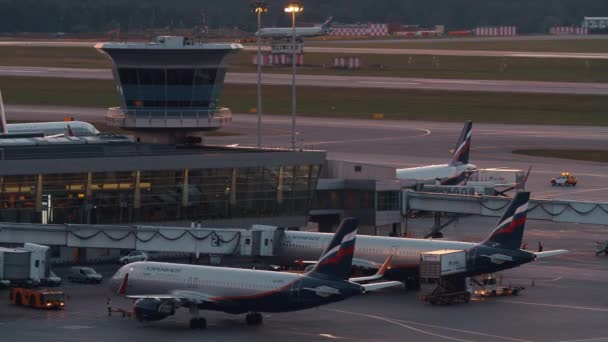 Flugzeuge am Terminal d des Moskauer Flughafens Scheremetjewo — Stockvideo