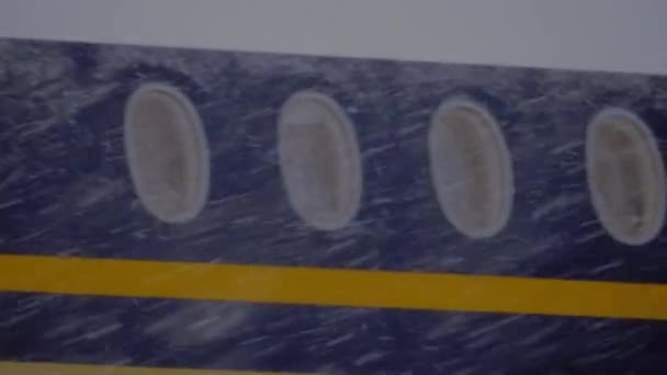 Mirando el avión en las nevadas — Vídeo de stock