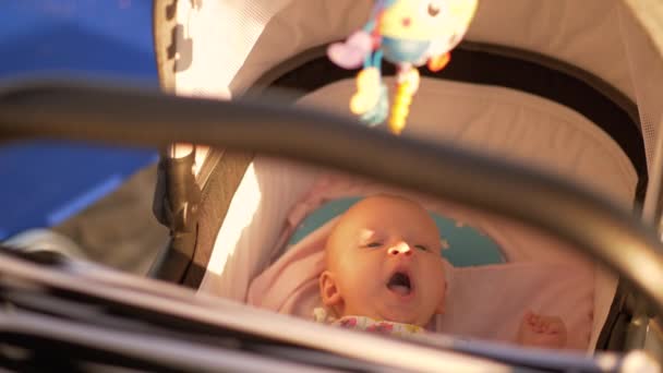 Baby van drie maanden in de kinderwagen buiten op zonnige zomerdag — Stockvideo