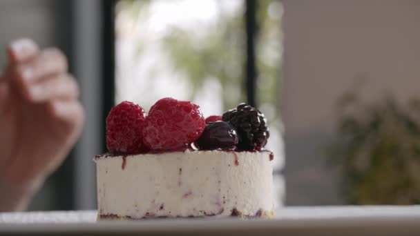 Presentation of ice cream cake with berries — Stock Video