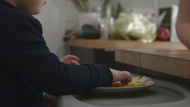 Toddler girl having breakfast — Stock Video