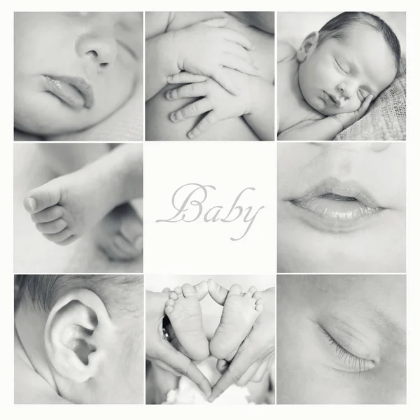 Primer plano del collage de manos y pies del bebé. Nueve imágenes en el —  Fotos de Stock