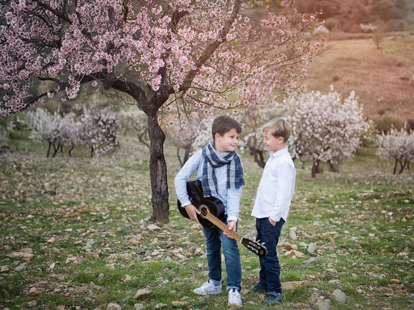 Jovens amigos no parque tocando guitarra e cantando — Fotografia de Stock