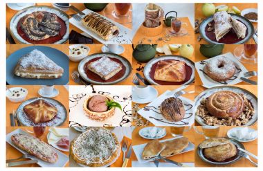 tatlı çörekler çay, kahve ile büyük kolaj