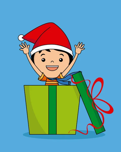 Criança Feliz Com Chapéu Papai Noel Dentro Pacote Presente Vetor — Vetor de Stock