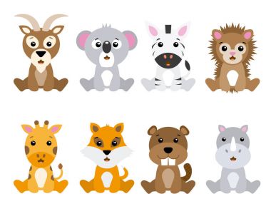 Beyaz arka planda izole edilmiş bir grup şirin hayvan.