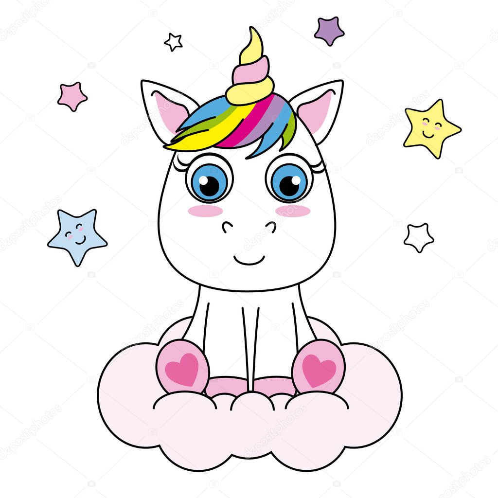 Niedliche Cartoon Einhorn Auf Einer Wolke Sitzen — Stockvektor © sbego