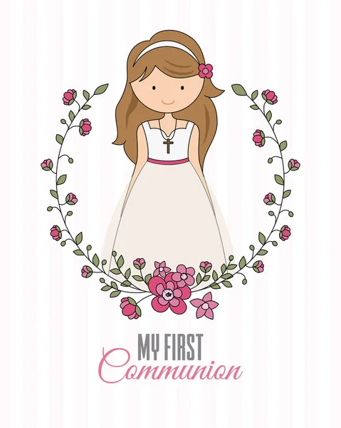 Primera Chica Comunión Hermosa Chica Con Vestido Comunión Marco Flores — Vector de stock